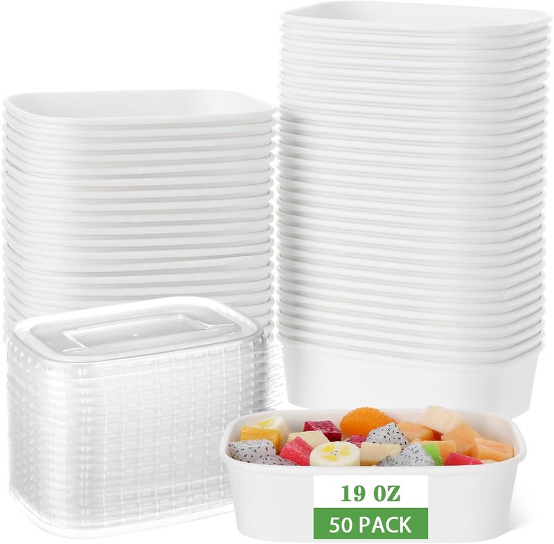 Maxdot 50 Pack Disposable Kraft Paper Bowls with PP Lids Rectangle Paper Food Containers for Lunch Meal Prep,Salad,Ice Cream,Yogurt,Soup Bowls Party Supplies (White,19 oz) - Image 1