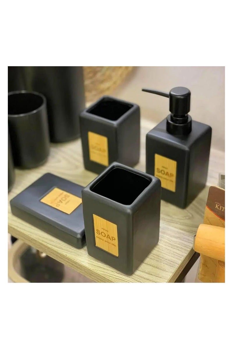 Porcelain Bathroom accessory Set 4-Piece: Soap Dispenser, Tumbler, Toothbrush Holder, Soap Dish-Matte Black - Image 5