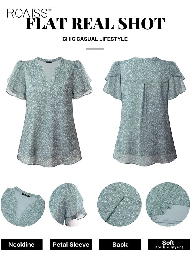 رويس بلوزة شيفون أنيقة للنساء صيفية منتفخة بأكمام قصيرة ورقبة على شكل حرف V، بلوزة عمل كاجوال، قميص للعمل والمكتب، بلوزة فضفاضة كاجوال يومية للنساء، باللون الأخضر - Image 4