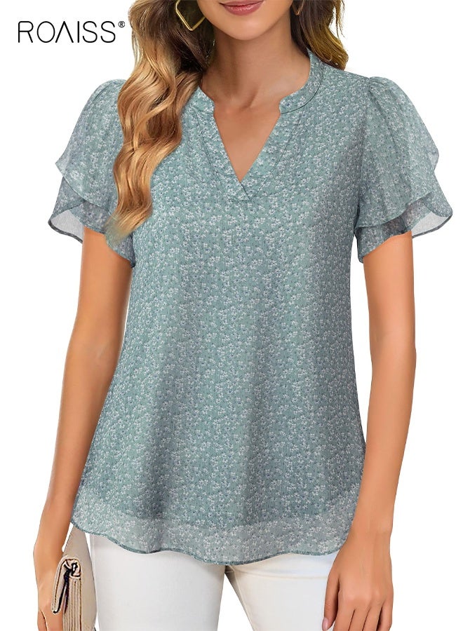 رويس بلوزة شيفون أنيقة للنساء صيفية منتفخة بأكمام قصيرة ورقبة على شكل حرف V، بلوزة عمل كاجوال، قميص للعمل والمكتب، بلوزة فضفاضة كاجوال يومية للنساء، باللون الأخضر - Image 3