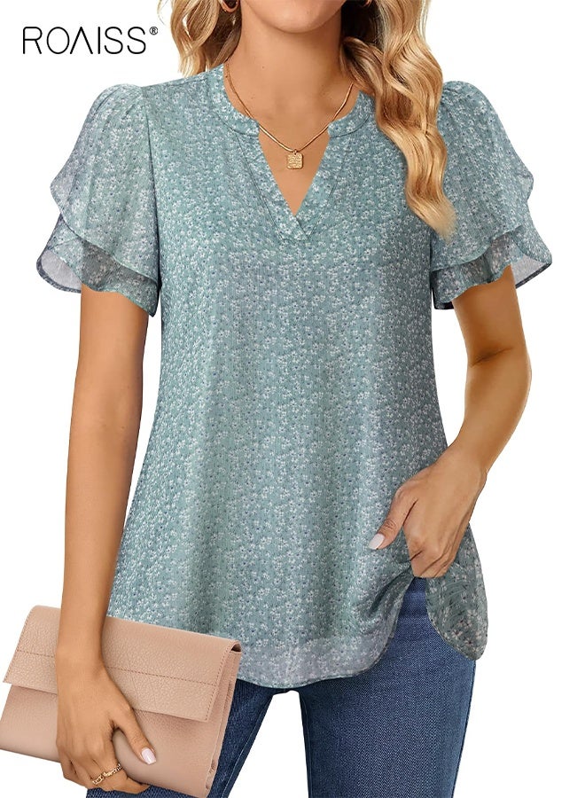 رويس بلوزة شيفون أنيقة للنساء صيفية منتفخة بأكمام قصيرة ورقبة على شكل حرف V، بلوزة عمل كاجوال، قميص للعمل والمكتب، بلوزة فضفاضة كاجوال يومية للنساء، باللون الأخضر - Image 1