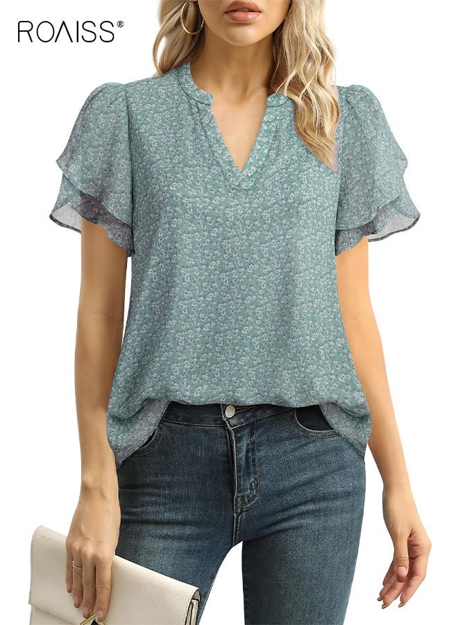 رويس بلوزة شيفون أنيقة للنساء صيفية منتفخة بأكمام قصيرة ورقبة على شكل حرف V، بلوزة عمل كاجوال، قميص للعمل والمكتب، بلوزة فضفاضة كاجوال يومية للنساء، باللون الأخضر - Image 5