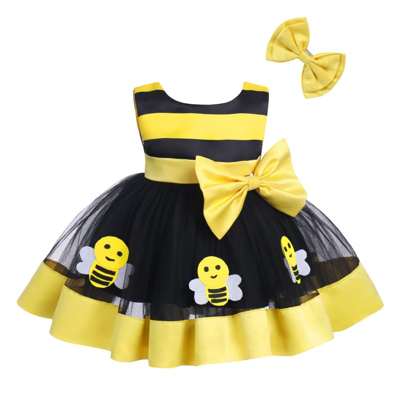 IBAKOM Newborn Toddler Baby Girl Princess Dress Cake Smash Birthday Tutu DressHeadband Outfits Pageant Christmas Baptism Party Clothes Set for Cake Smash Photo Shoot YellowBee 1218 Months - Image 2
