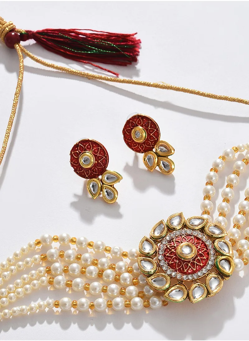 سوهي Stone-Studded & Beaded layered Necklace & Earrings