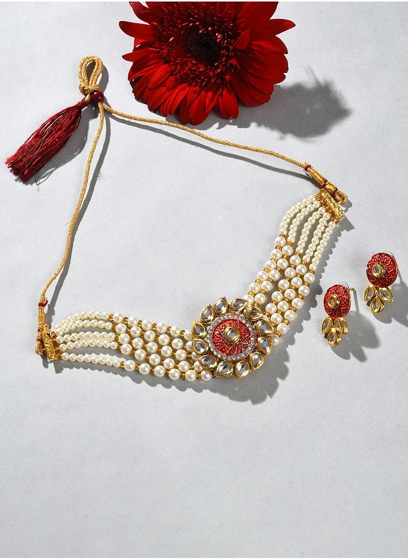 SOHI Stone-Studded & Beaded layered Necklace & Earrings