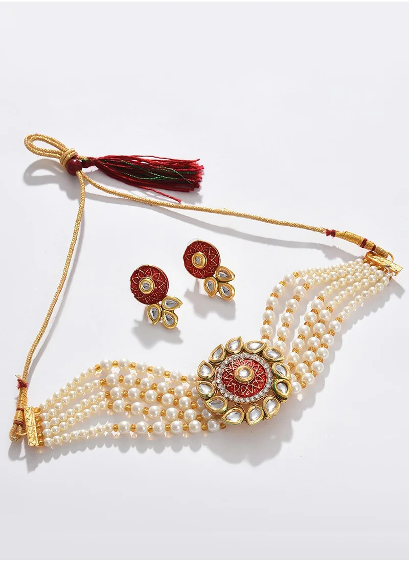 SOHI Stone-Studded & Beaded layered Necklace & Earrings