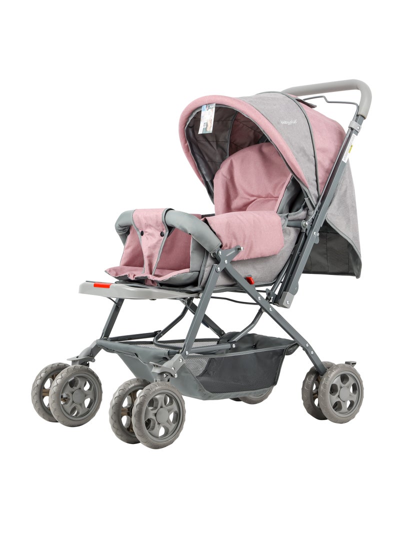 BABY PLUS Reversible Foldable Baby Stroller with Canopy – Lightweight Travel Pram with Reclining Seat, Safety Harness & Storage Basket – Two-Way Facing Portable Buggy for Newborns & Toddlers – Pink  - Image 1