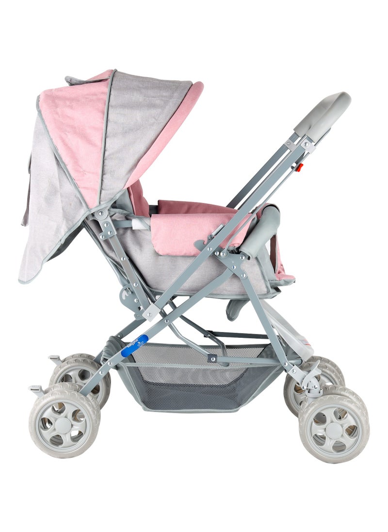 BABY PLUS Reversible Foldable Baby Stroller with Canopy – Lightweight Travel Pram with Reclining Seat, Safety Harness & Storage Basket – Two-Way Facing Portable Buggy for Newborns & Toddlers – Pink  - Image 3