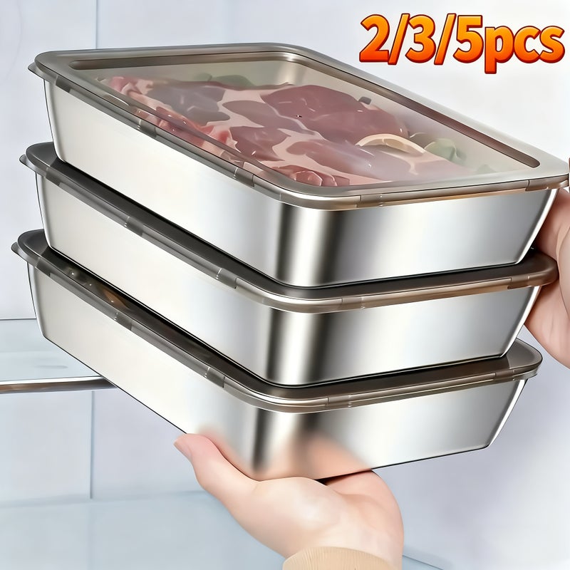 2/3/5pcs Stainless Steel Food Storage Containers Leak-Proof, Stackable, Space-Saving - Heavy-Duty Stainless Steel Construction, Airtight Lid for Freshness - Ideal for Meal Prep, Fruits, Meats, Veggies, Leftovers, Fridge, Freezer - Image 2