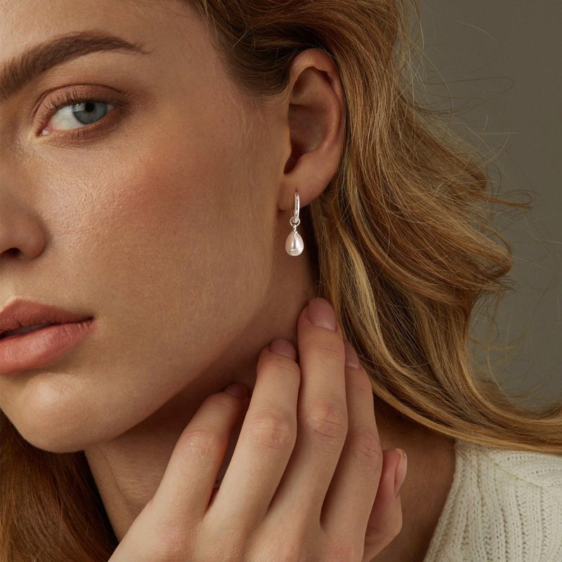 Robaice Pearl Dangle Earrings for Women, Silver Plated Small Pearl Drop Huggie Hoop Earrings, Hypoallergenic Dainty Silver Earrings Wedding Jewelry Gifts for Women Trendy - Image 2