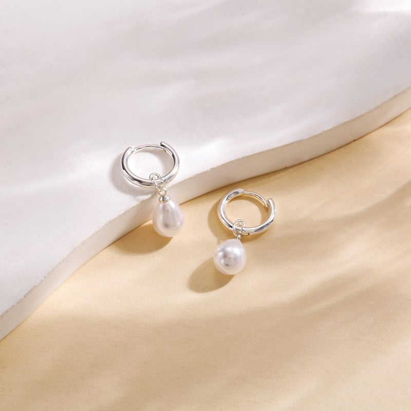 Robaice Pearl Dangle Earrings for Women, Silver Plated Small Pearl Drop Huggie Hoop Earrings, Hypoallergenic Dainty Silver Earrings Wedding Jewelry Gifts for Women Trendy - Image 5