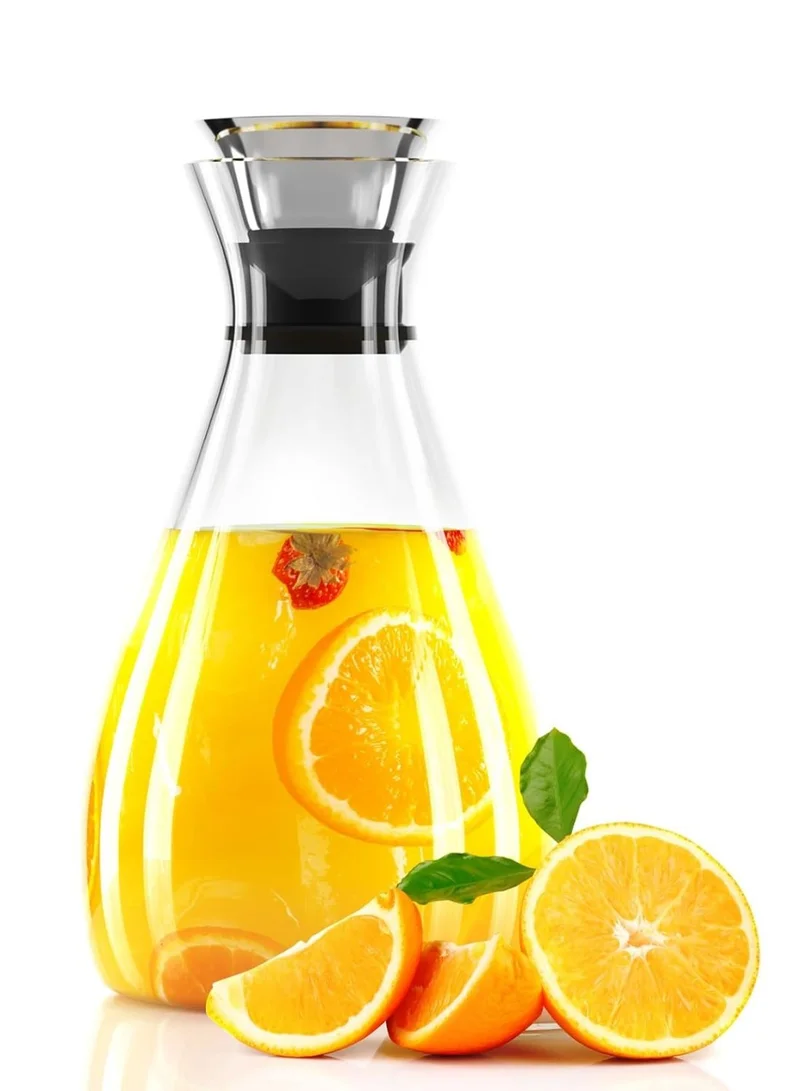 1Chase Borosilicate Glass Water Carafe – 1600ML Pitcher with Stainless Steel Flow Lid for Juice, Water, and Cold Beverages