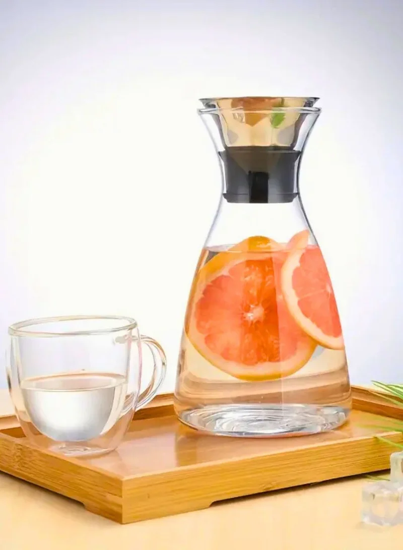 1Chase Borosilicate Glass Water Carafe – 1600ML Pitcher with Stainless Steel Flow Lid for Juice, Water, and Cold Beverages