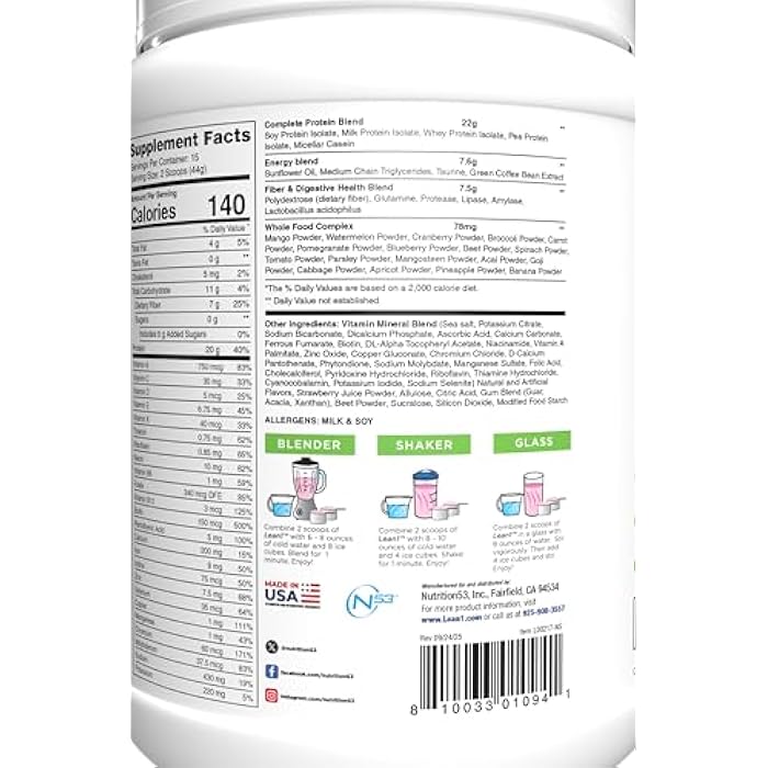 Lean1 Meal Replacement Protein Shake, Strawberry Flavor, 15 Serving Tub - Image 4