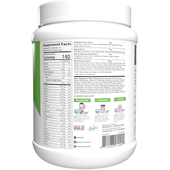Lean1 Meal Replacement Protein Shake, Strawberry Flavor, 15 Serving Tub - Image 3
