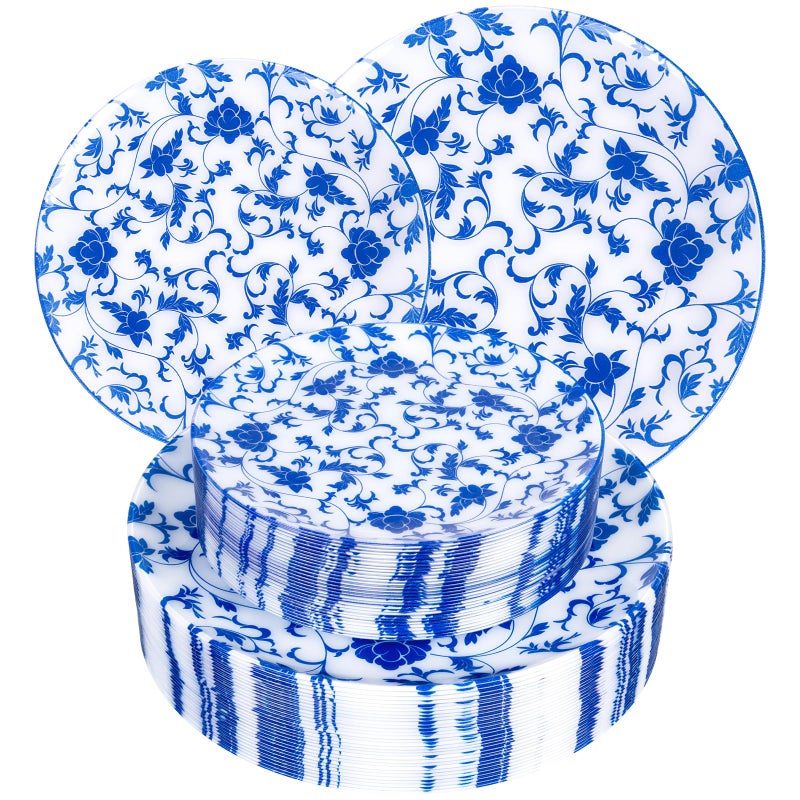 Joyido 60 PCS Blue Plastic Plates - Blue Floral Plates - Disposable Decorative Plate Sets Include 30 Dinner & 30 Dessert Plate for Wedding Birthday Party Spring Supplies - Image 1