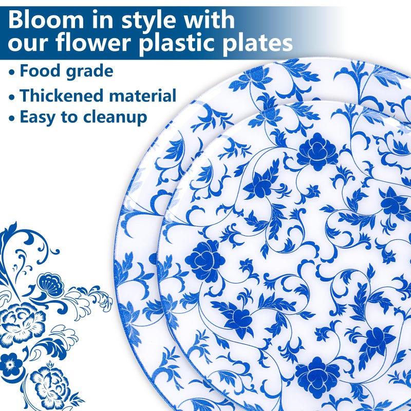 Joyido 60 PCS Blue Plastic Plates - Blue Floral Plates - Disposable Decorative Plate Sets Include 30 Dinner & 30 Dessert Plate for Wedding Birthday Party Spring Supplies - Image 4