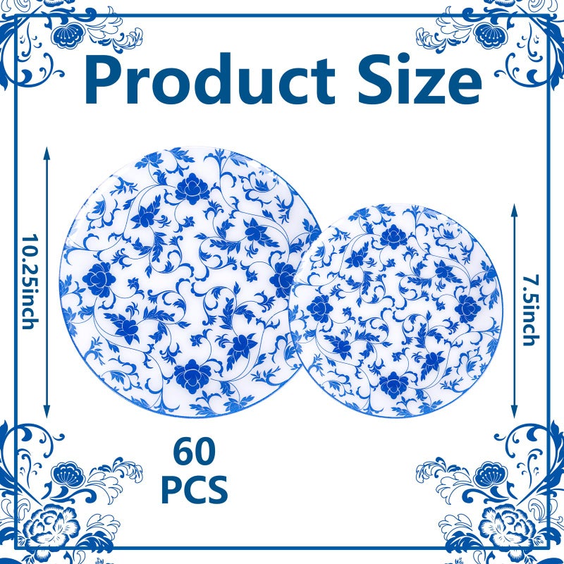 Joyido 60 PCS Blue Plastic Plates - Blue Floral Plates - Disposable Decorative Plate Sets Include 30 Dinner & 30 Dessert Plate for Wedding Birthday Party Spring Supplies - Image 2