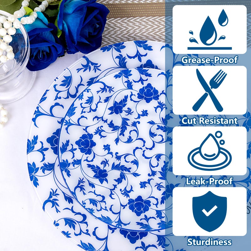 Joyido 60 PCS Blue Plastic Plates - Blue Floral Plates - Disposable Decorative Plate Sets Include 30 Dinner & 30 Dessert Plate for Wedding Birthday Party Spring Supplies - Image 3