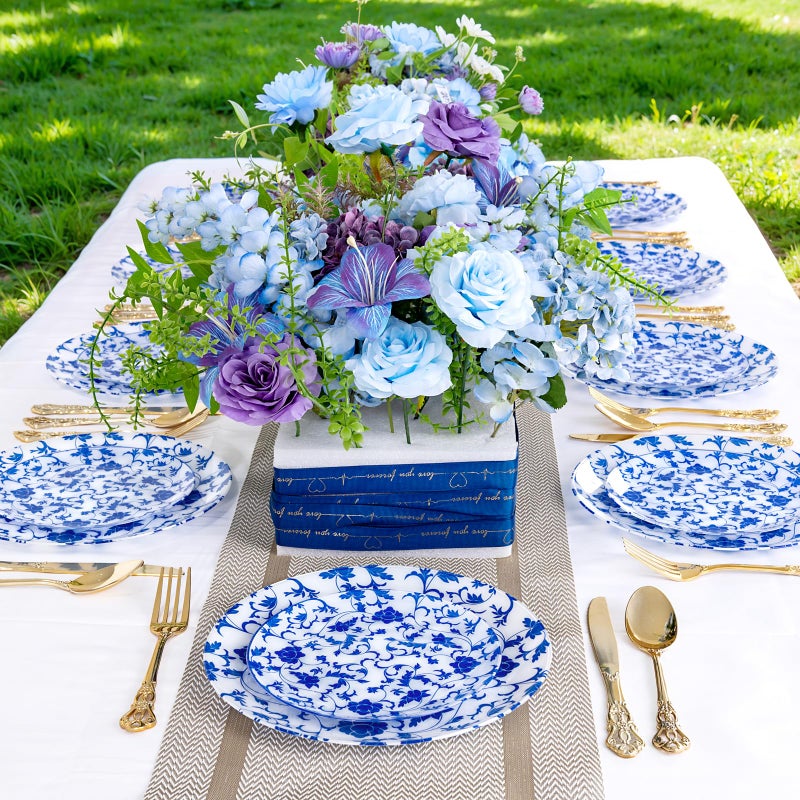 Joyido 60 PCS Blue Plastic Plates - Blue Floral Plates - Disposable Decorative Plate Sets Include 30 Dinner & 30 Dessert Plate for Wedding Birthday Party Spring Supplies - Image 5