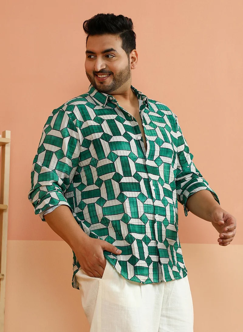 انستافاب بلس Men's Green & White Contrast Block Shirt For Casual Wear | Spread Collar | Long Regular Sleeves | Button Closure | Plus Size Shirt Crafted With Comfort Fit For Everyday Wear