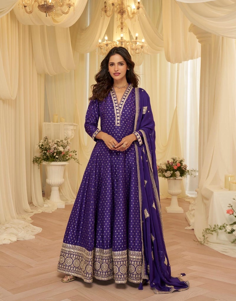 ANAITA Purple Chinon Free Size Stitched Jacquard Anarkali Suit With Codding Dori & Sequence Work - Image 1