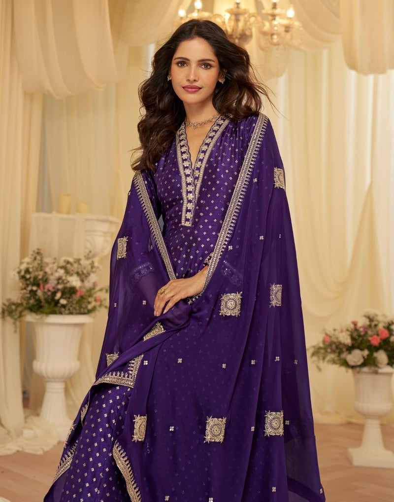 ANAITA Purple Chinon Free Size Stitched Jacquard Anarkali Suit With Codding Dori & Sequence Work - Image 4
