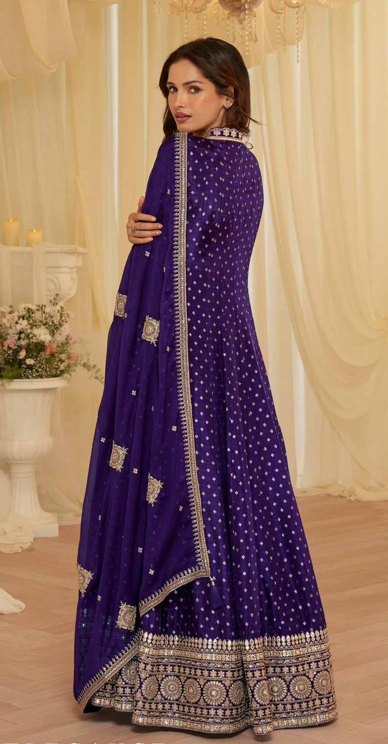 ANAITA Purple Chinon Free Size Stitched Jacquard Anarkali Suit With Codding Dori & Sequence Work - Image 2