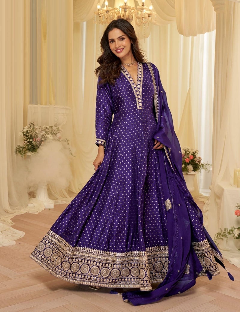 ANAITA Purple Chinon Free Size Stitched Jacquard Anarkali Suit With Codding Dori & Sequence Work - Image 3