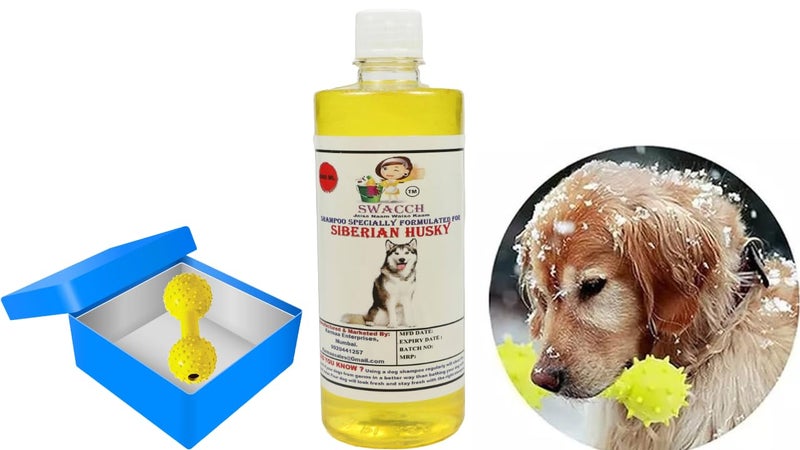 swacch Siberian Husky Dog Shampoo + Dumbbell Toy I Durable Rubber Dog Toy for Chewing I Playing,Teeth Cleaning & Training Toy I Combo Pack I 500ml Lemon - Image 1