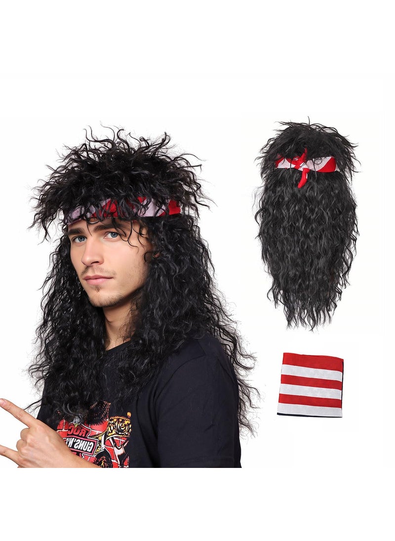 FantaLook 80s Wig with Bandana for Men Long Curly Black Rocker cosplay wig for Halloween 