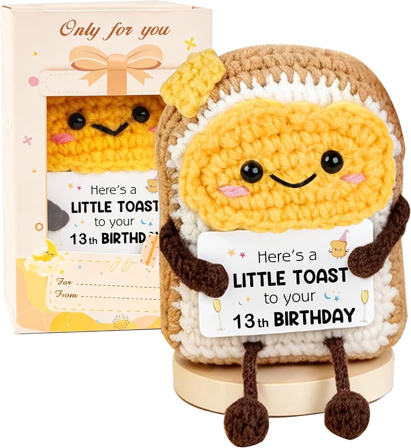 WITCOLOR 13th Birthday Gift For Girls Boys - Handmade Crochet Toast Ornament With Wood Base, Funny 13th Birthday Milestone Souvenir For Daughter, Granddaughter, Bestie, Little Toast Desk Decor - Image 1