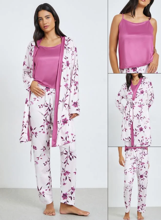 Styli Pack of 3 - Solid Cami, Floral Robe and Pyjama Set