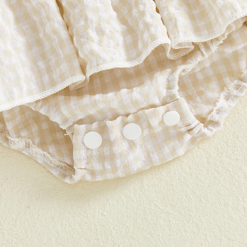 Douhoow Baby Girl Plaid Romper Flying Sleeve Ruffle Baby Dress Romper Infant Girl Summer Clothes with Headband (Khaki, 3-6 Months) - Image 4