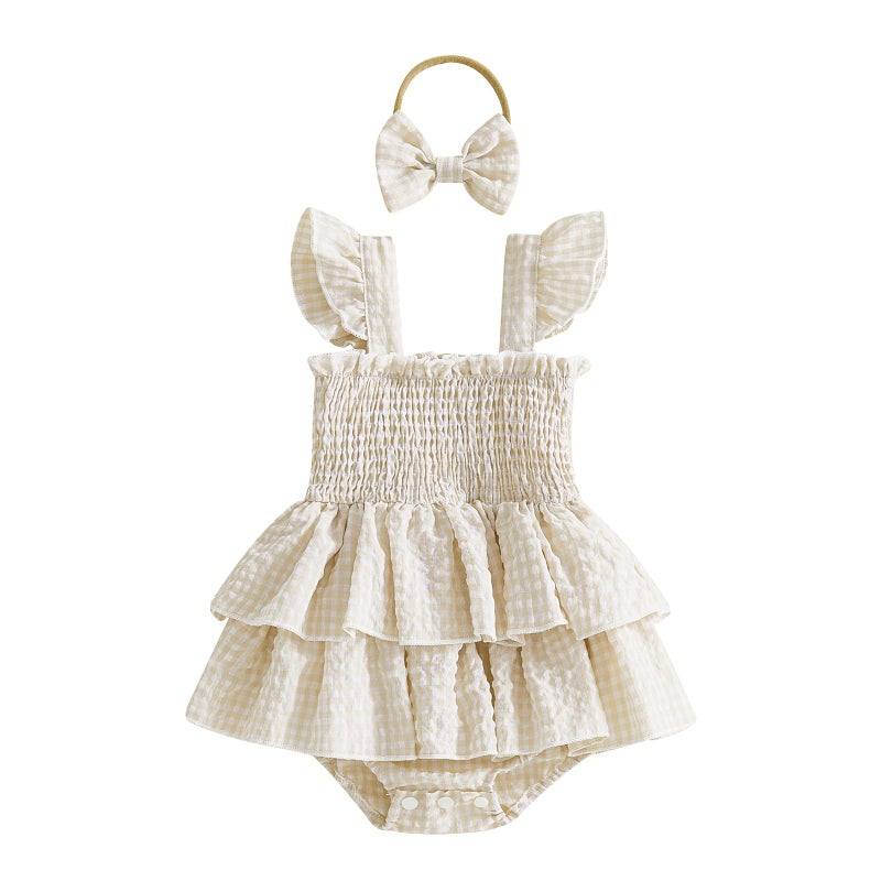 Douhoow Baby Girl Plaid Romper Flying Sleeve Ruffle Baby Dress Romper Infant Girl Summer Clothes with Headband (Khaki, 3-6 Months) - Image 1