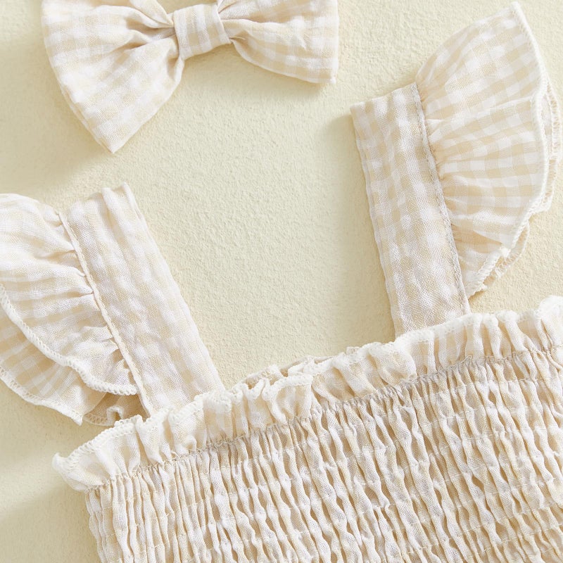 Douhoow Baby Girl Plaid Romper Flying Sleeve Ruffle Baby Dress Romper Infant Girl Summer Clothes with Headband (Khaki, 3-6 Months) - Image 3