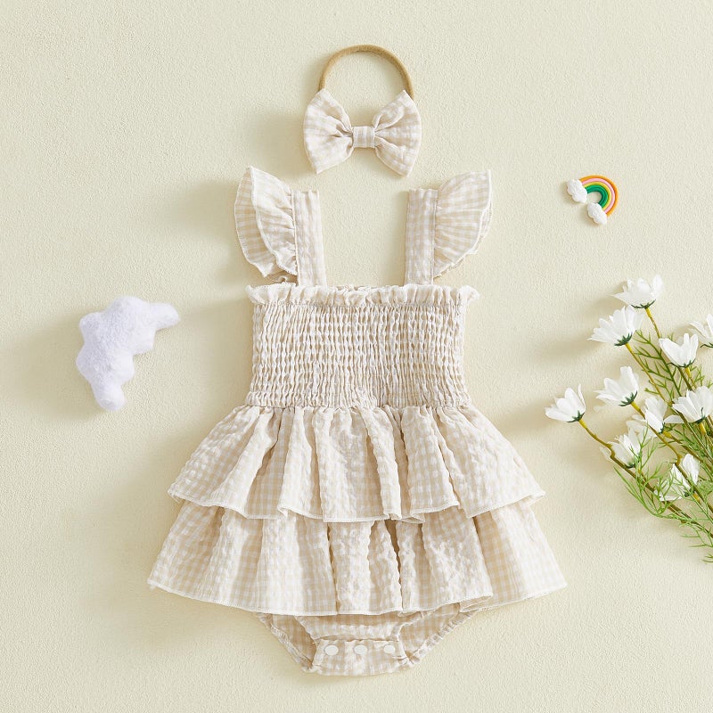 Douhoow Baby Girl Plaid Romper Flying Sleeve Ruffle Baby Dress Romper Infant Girl Summer Clothes with Headband (Khaki, 3-6 Months) - Image 2