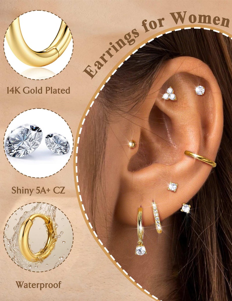 Jstyle Hypoallergenic 14K Gold Plated Stud Hoop Earrings for Women - Surgical Stainless Steel Earrings Trendy Small Stud Earring Stacks Huggie Hoops Cartilage Earring Set for Multiple Piercing Jewelry - Image 3