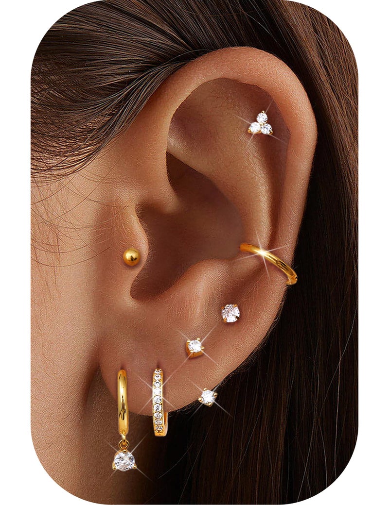 Jstyle Hypoallergenic 14K Gold Plated Stud Hoop Earrings for Women - Surgical Stainless Steel Earrings Trendy Small Stud Earring Stacks Huggie Hoops Cartilage Earring Set for Multiple Piercing Jewelry - Image 2