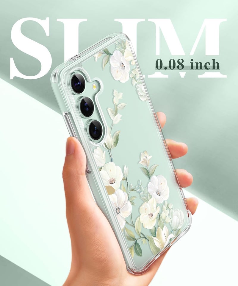 Elzzi غطاء زهور شفاف واضح لهاتف سامسونج S24 Fe 5G - غطاء مضاد للصدمات بتصميم زهور لحماية الكاميرا - غطاء شفاف للفتيات والنساء (أخضر) - Image 3