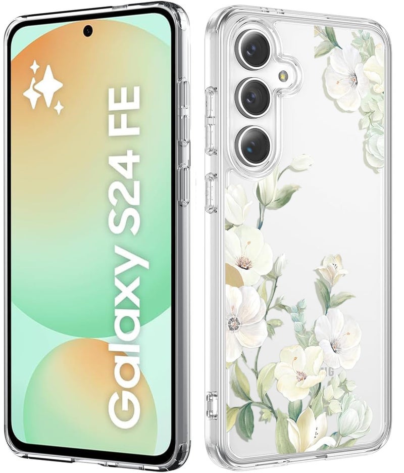 Elzzi غطاء زهور شفاف واضح لهاتف سامسونج S24 Fe 5G - غطاء مضاد للصدمات بتصميم زهور لحماية الكاميرا - غطاء شفاف للفتيات والنساء (أخضر) - Image 1