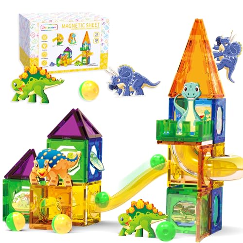 Doloowee Dinosaur Magnetic Blocks Set Upgrade DIY Magnets Building Blocks for Kids 60 Piece Magnets Tiles for Boys and Girls Learning by Playing Games to Improve Imagination and Creativity - Image 1