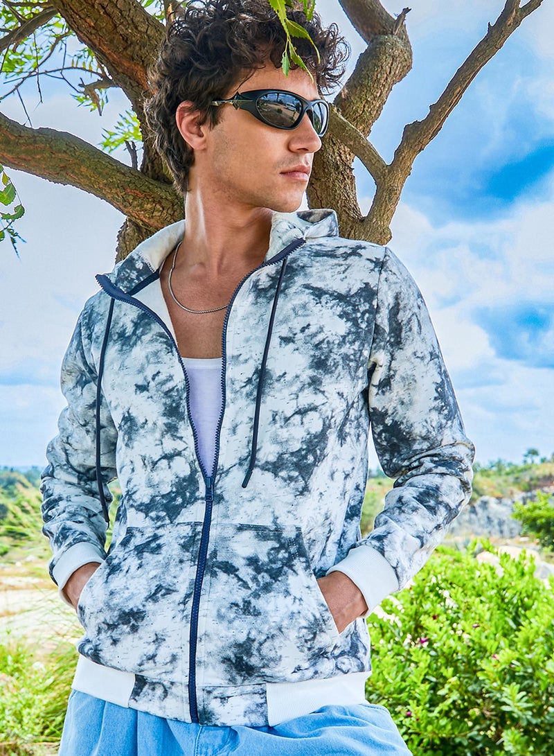 Campus Sutra Men's Chalk White & Charcoal Grey Zip-Front Tie-Dye Hoodie - Image 1