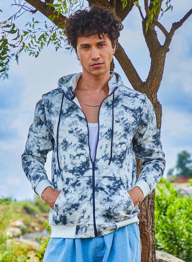 Campus Sutra Men's Chalk White & Charcoal Grey Zip-Front Tie-Dye Hoodie - Image 2