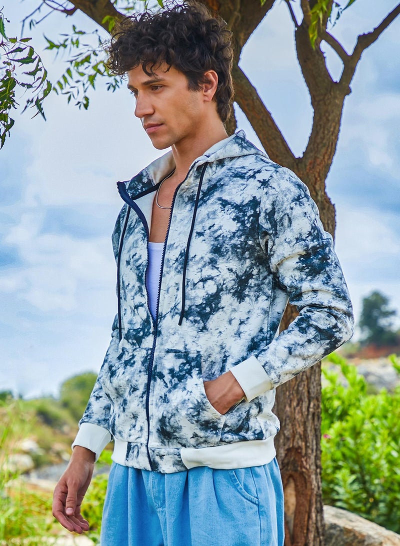Campus Sutra Men's Chalk White & Charcoal Grey Zip-Front Tie-Dye Hoodie - Image 3