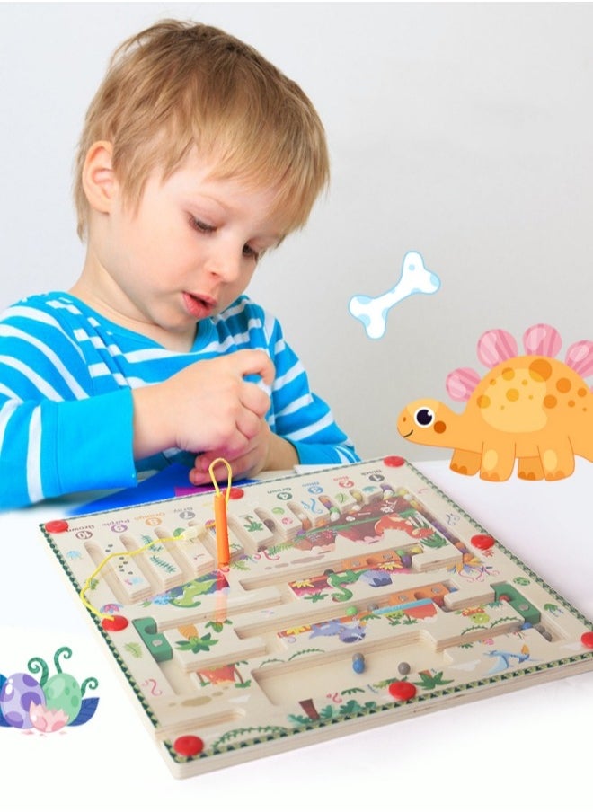 Aikenn - Magnetic Color and Number Maze,Fine Motor Skills Learning Wooden Toys, Magnetic Color and Number Matching Counting Maze Game, Number and dinosaur shape dispenser for toddlers and preschoolers - Image 1