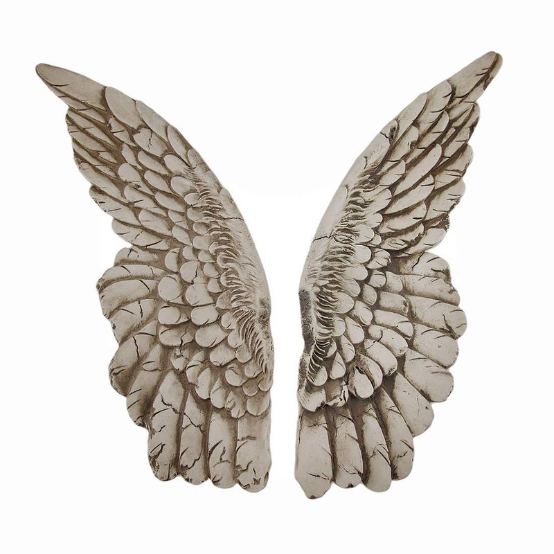 Zeckos Set of 2 Distressed Antique White Angel Wing Wall Sculptures  Perfect Decoration for Nursery Bedroom Living Room  Each 11 Inches High  Easy Mounting