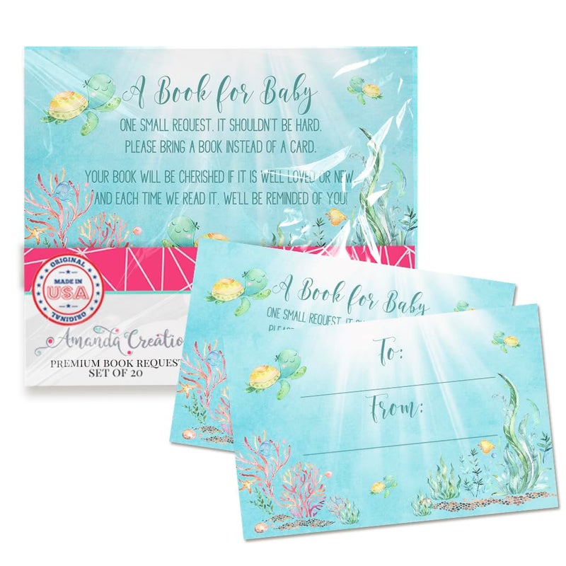 Amanda Creation Little Hatchling Cute Sea Turtle Sea Life Bring a Book Cards for Baby Showers 20 25 by 4 Inch Double Sided Insert Cards Invite Guests to Bring a Book for the Baby