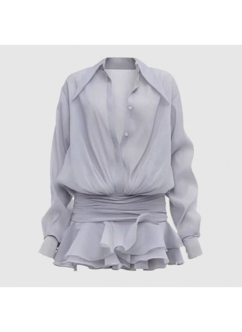 Generic - French Chic Ruffle Hem Shirt-Dress for Women gray blue - Image 1