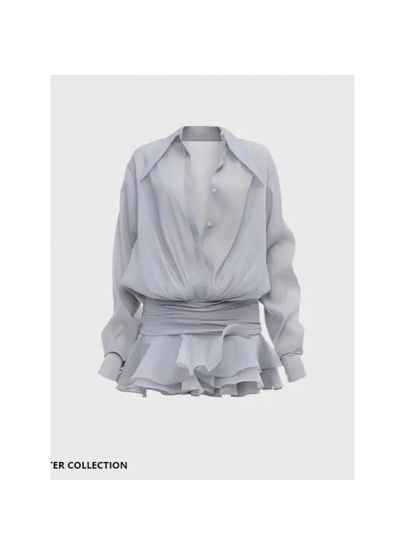 Generic - French Chic Ruffle Hem Shirt-Dress for Women gray blue - Image 1